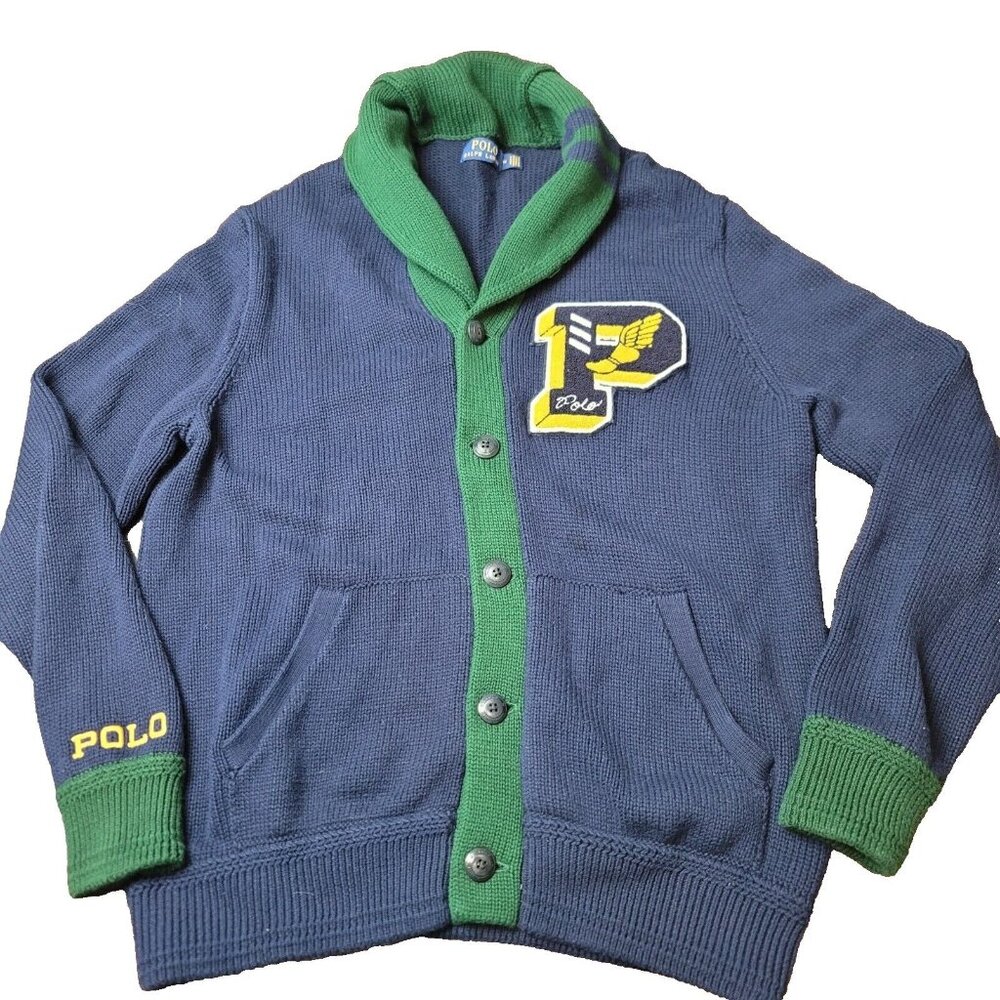Polo Ralph Lauren Mens M P Wing‎ Varsity Letterman Patch Cardigan Sweater Blue